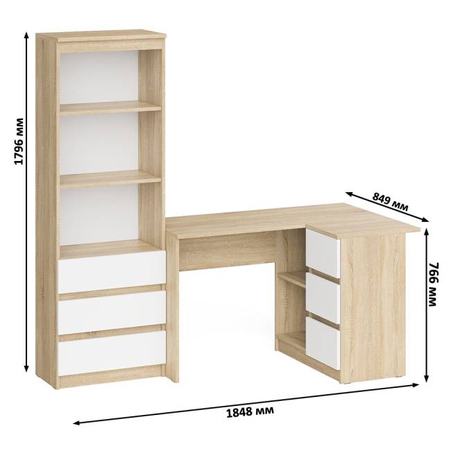 Стеллаж-комод три ящика Мори МСТ-600 с угловым компьютерным столом МС-16 тумба справа цвет дуб сонома/белый
