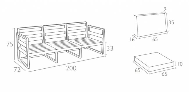 Диван пластиковый трехместный с подушками Mykonos XL серебристый, черный 2000х720х750 мм Диван пластиковый трехместный с подушками Mykonos XL серебристый, черный 2000х720х750 мм