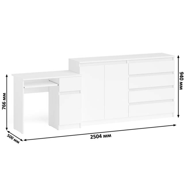 Комод-тумба ящики и дверки Мори 1600 и стол компьютерный МС-1 правый цвет белый