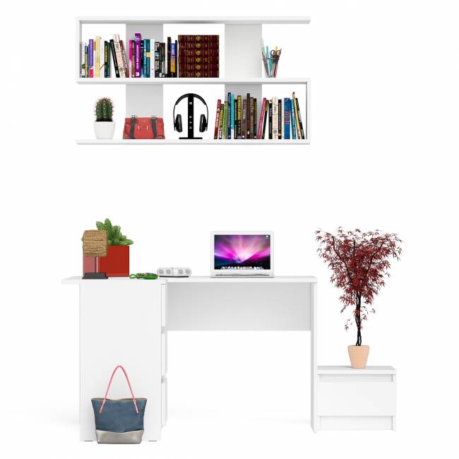 Угловой стол компьютерный Мори МС-16 левый с тумбочкой с ящиком 400 и полкой на 1200 цвет белый