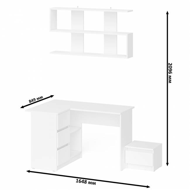 Угловой стол компьютерный Мори МС-16 левый с тумбочкой с ящиком 400 и полкой на 1200 цвет белый