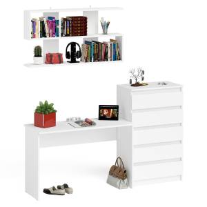 Комод высокий Мори пять выдвижных ящиков со столом для работы на 1200 и навесной полкой 1200 цвет белый