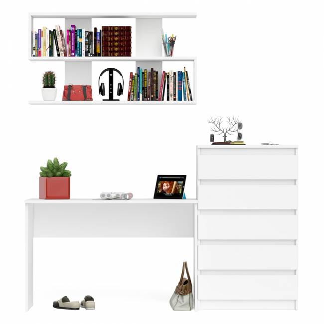 Комод высокий Мори пять выдвижных ящиков со столом для работы на 1200 и навесной полкой 1200 цвет белый