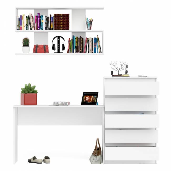 Комод высокий Мори пять выдвижных ящиков со столом для работы на 1200 и навесной полкой 1200 цвет белый