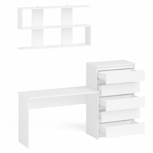 Комод высокий Мори пять выдвижных ящиков со столом для работы на 1200 и навесной полкой 1200 цвет белый