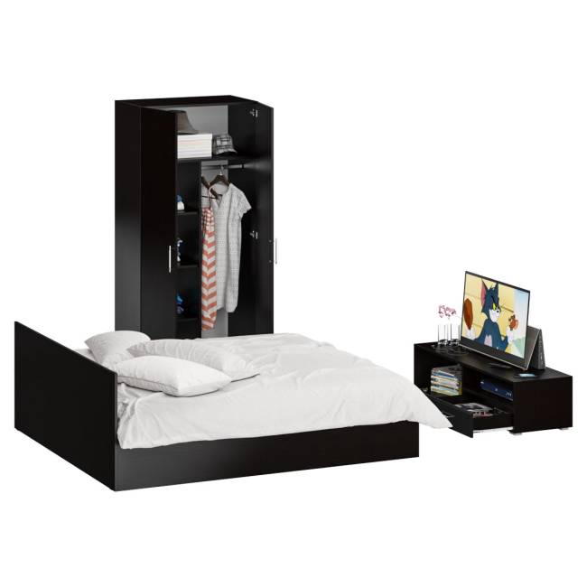 Спальня Стандарт № 3 с кроватью 1800 цвет венге/фасады ТВ тумбы МДФ чёрный глянец