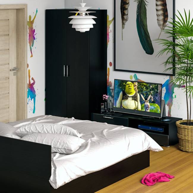 Спальня Стандарт № 3 с кроватью 1800 цвет венге/фасады ТВ тумбы МДФ чёрный глянец