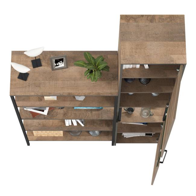 Шкаф-пенал с витриной с подсветкой и открытый стеллаж Трувор цвет дуб гранж песочный/интра