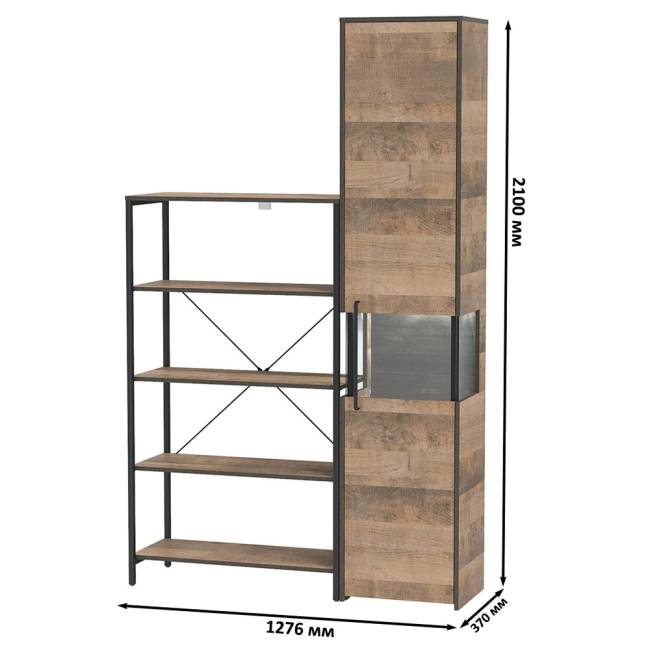 Шкаф-пенал с витриной с подсветкой и открытый стеллаж Трувор цвет дуб гранж песочный/интра