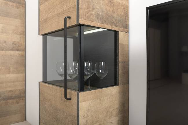 Шкаф-пенал с витриной с подсветкой и открытый стеллаж Трувор цвет дуб гранж песочный/интра