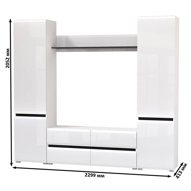 Сидней тумба для ТВ с полочкой и двумя шкафами с дверками цвет белый/чёрный/МДФ белый глянец