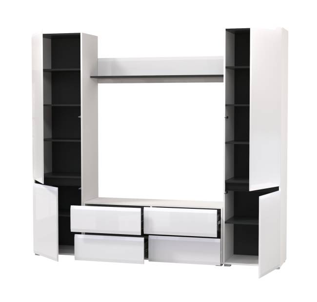 Сидней тумба для ТВ с полочкой и двумя шкафами с дверками цвет белый/чёрный/МДФ белый глянец