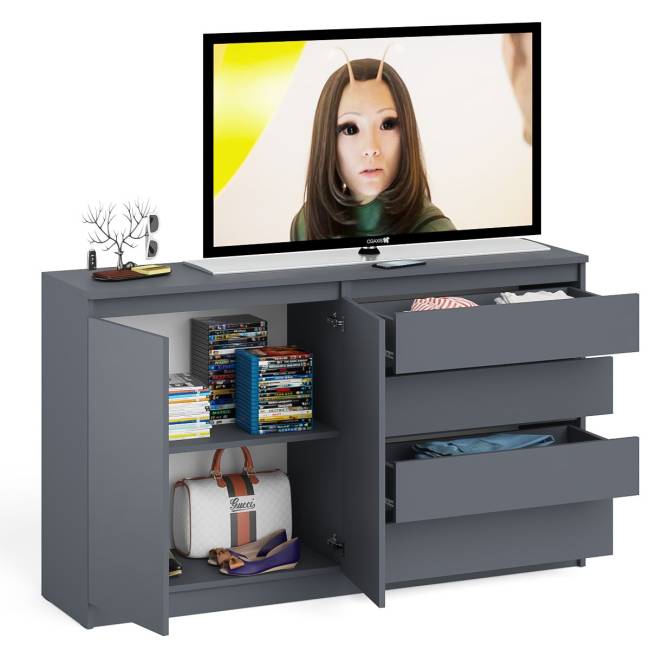 Комод широкий на четыре ящика и две дверки Мори МК1600.1 цвет графит