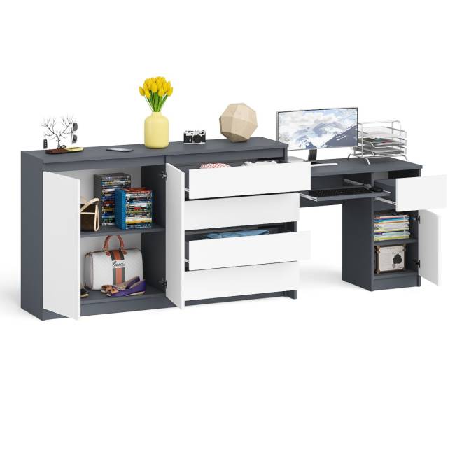 Комод-тумба ящики и дверки Мори 1600 и стол компьютерный МС-1 правый цвет графит/белый