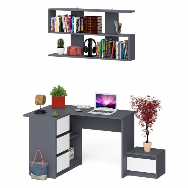 Угловой стол компьютерный Мори МС-16 левый с тумбочкой с ящиком 400 и полкой на 1200 цвет графит/белый