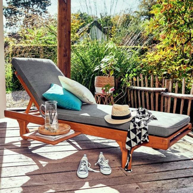 Шезлонг деревянный с матрасом Condao натуральный, синий 2000х705х435 мм