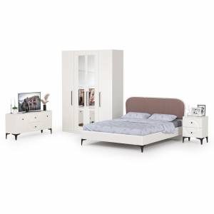 Спальня Валенсия № 44 с тумбой под ТВ и кровать с мягкой спинкой цвет белый шагрень/ткань велутто 19