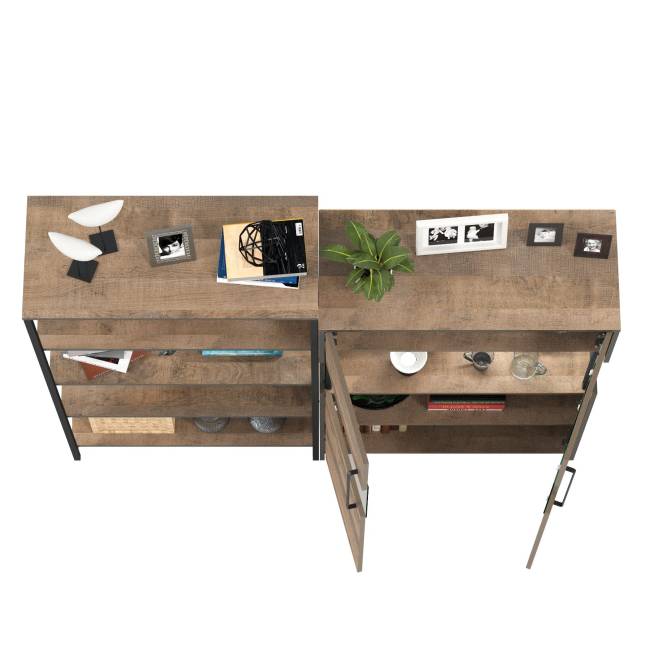 Комод с витриной с подсветкой и открытый стеллаж Трувор цвет дуб гранж песочный/интра