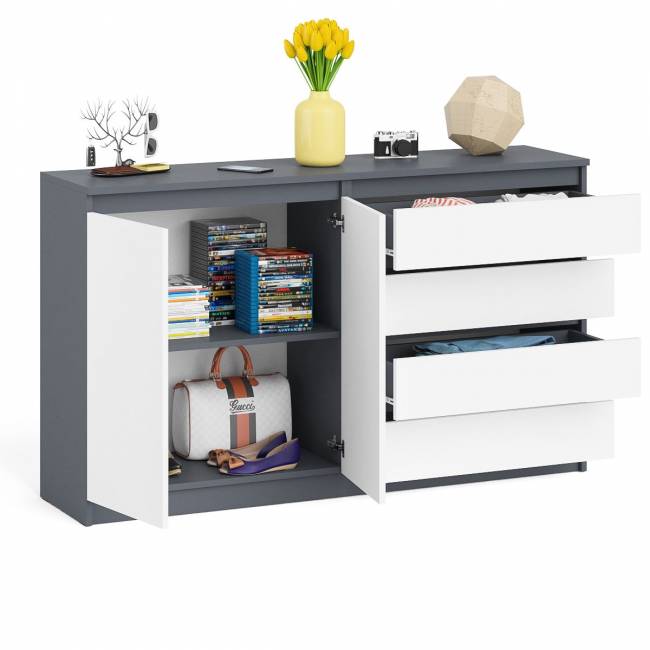 Комод широкий на четыре ящика и две дверки Мори МК1600.1 цвет графит/белый