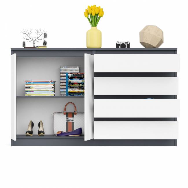 Комод широкий на четыре ящика и две дверки Мори МК1600.1 цвет графит/белый