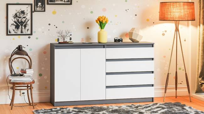Комод широкий на четыре ящика и две дверки Мори МК1600.1 цвет графит/белый