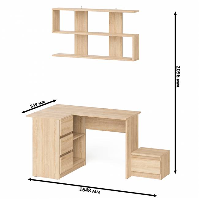 Угловой стол компьютерный Мори МС-16 левый с тумбочкой с ящиком 400 и полкой на 1200 цвет дуб сонома