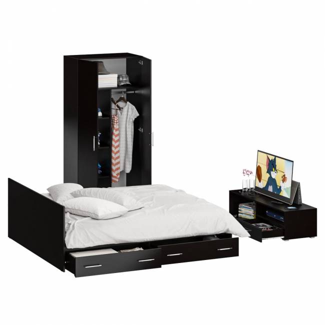 Спальня Стандарт № 3 с кроватью 1800 с ящиками цвет венге/фасады ТВ тумбы МДФ чёрный глянец