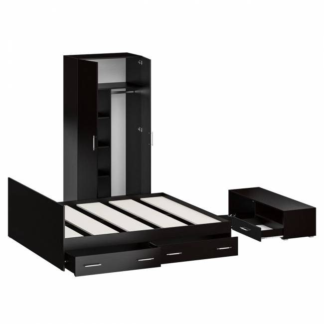 Спальня Стандарт № 3 с кроватью 1800 с ящиками цвет венге/фасады ТВ тумбы МДФ чёрный глянец