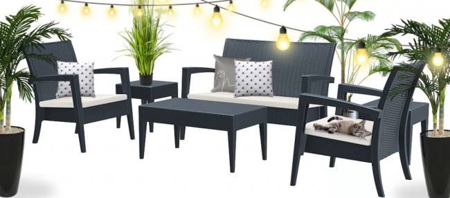 Кресло пластиковое плетеное с подушкой Miami Lounge Armchair антрацит 720х760х890 мм Кресло пластиковое плетеное с подушкой Miami Lounge Armchair антрацит 720х760х890 мм