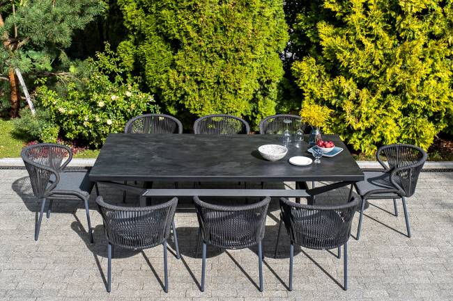 "Милан" стул плетеный из роупа, каркас алюминий темно-серый (RAL7024) муар, роуп темно-серый круглый, ткань темно-серая 027