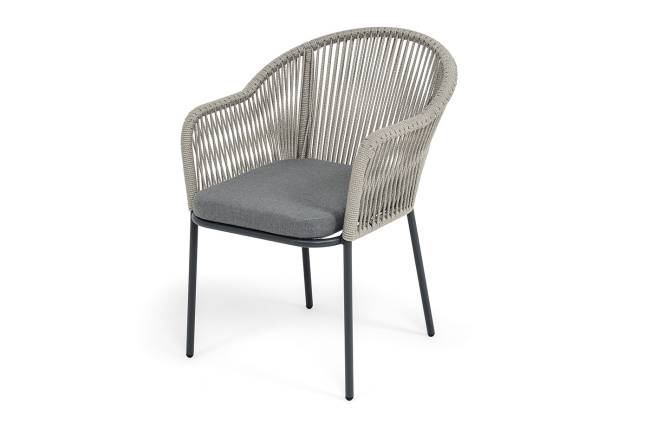 "Лион" стул плетеный из роупа, каркас из стали темно-серый (RAL7024) муар, роуп серый меланж круглый, ткань серая 017