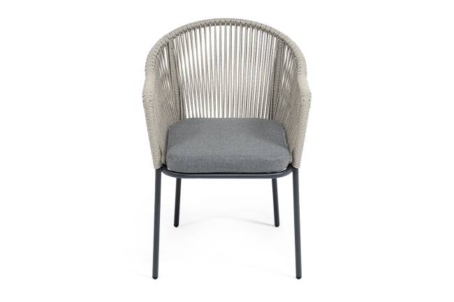 "Лион" стул плетеный из роупа, каркас из стали темно-серый (RAL7024) муар, роуп серый меланж круглый, ткань серая 017