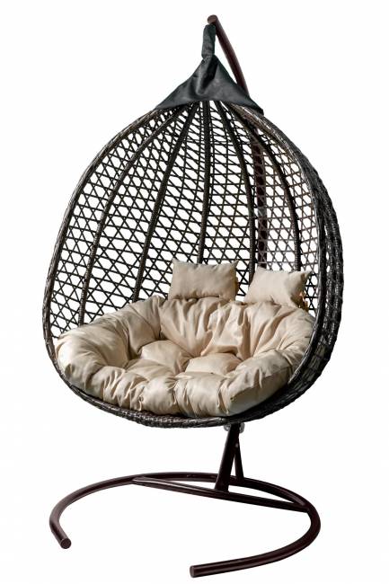 Кресло подвесное двойное Фиджи стойка+осн.КОРИЧ.,корзн.корич.,подуш.беж Кресло подвесное двойное Фиджи стойка+осн.КОРИЧ.,корзн.корич.,подуш.беж