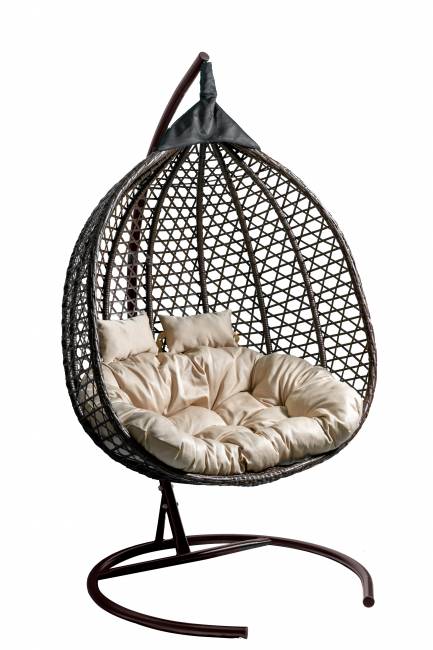 Кресло подвесное двойное Фиджи стойка+осн.КОРИЧ.,корзн.корич.,подуш.беж Кресло подвесное двойное Фиджи стойка+осн.КОРИЧ.,корзн.корич.,подуш.беж