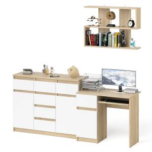 Навесная полка 900 Мори со столом компьютерным МС-1 левый и комодом МК1200.4 цвет дуб сонома/белый
