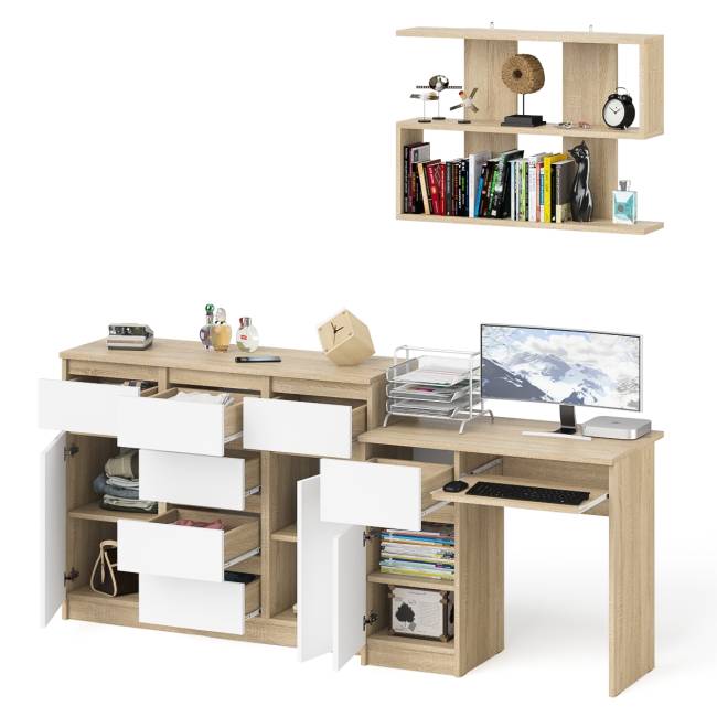 Навесная полка 900 Мори со столом компьютерным МС-1 левый и комодом МК1200.4 цвет дуб сонома/белый