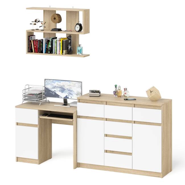 Навесная полка 900 Мори со столом компьютерным МС-1 левый и комодом МК1200.4 цвет дуб сонома/белый