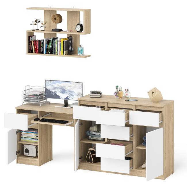 Навесная полка 900 Мори со столом компьютерным МС-1 левый и комодом МК1200.4 цвет дуб сонома/белый
