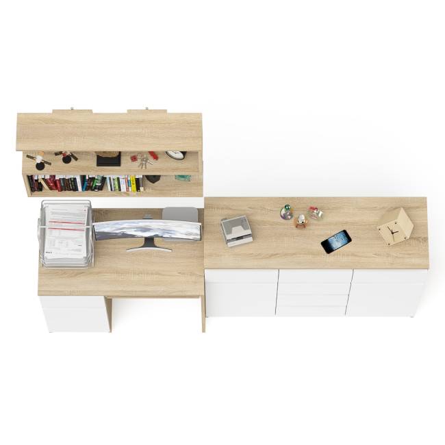 Навесная полка 900 Мори со столом компьютерным МС-1 левый и комодом МК1200.4 цвет дуб сонома/белый