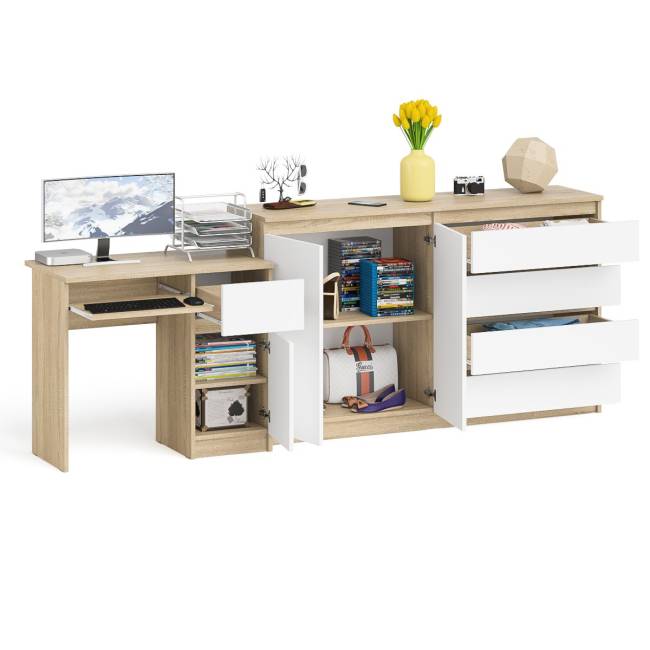 Комод-тумба ящики и дверки Мори 1600 и стол компьютерный МС-1 правый цвет дуб сонома/белый