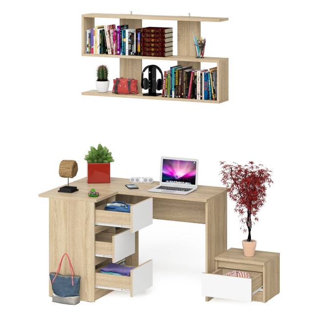 Угловой стол компьютерный Мори МС-16 левый с тумбочкой с ящиком 400 и полкой на 1200 цвет дуб сонома/белый