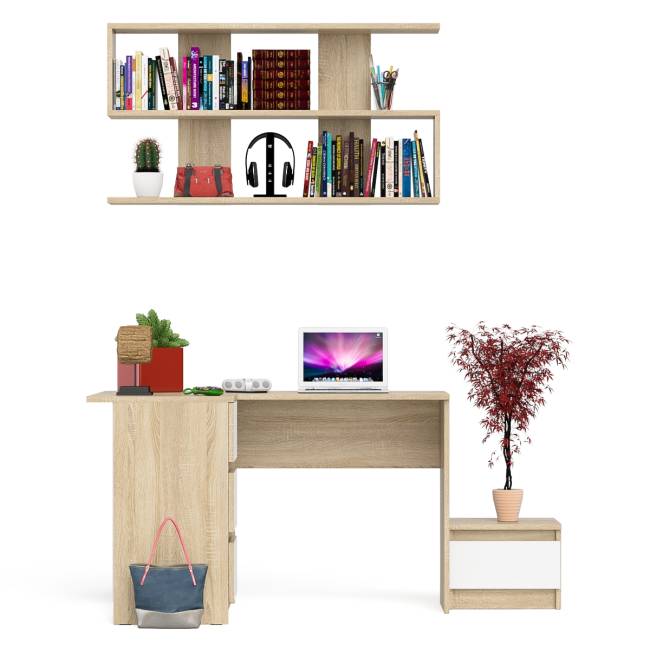 Угловой стол компьютерный Мори МС-16 левый с тумбочкой с ящиком 400 и полкой на 1200 цвет дуб сонома/белый