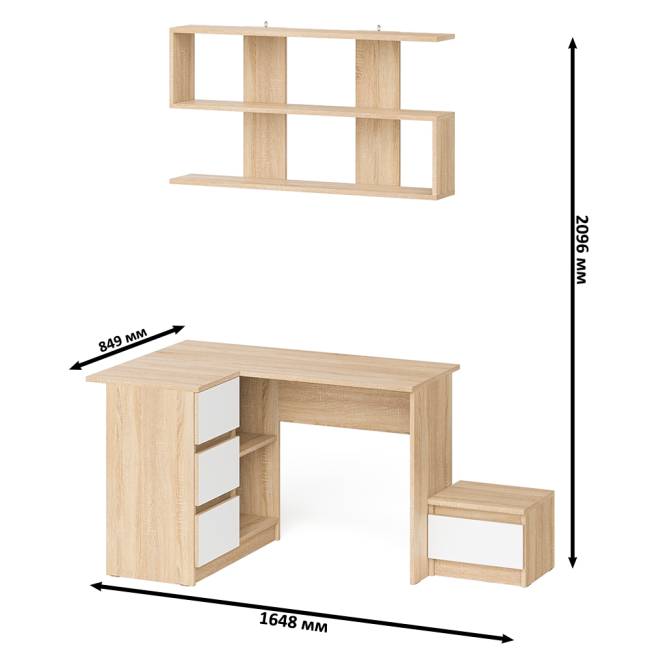 Угловой стол компьютерный Мори МС-16 левый с тумбочкой с ящиком 400 и полкой на 1200 цвет дуб сонома/белый
