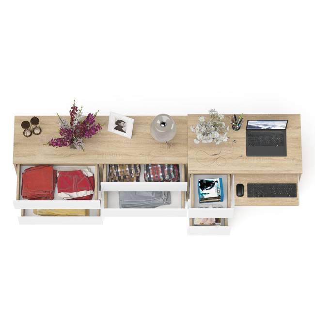 Широкий комод Мори МК1380.6 и стол компьютерный МС-6 три ящика слева цвет дуб сонома/белый