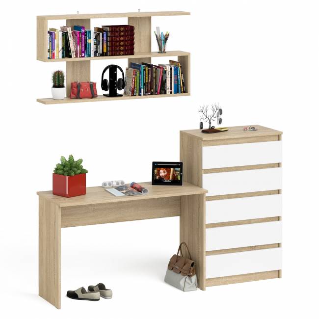 Комод высокий Мори пять выдвижных ящиков со столом для работы на 1200 и навесной полкой 1200 цвет дуб сонома/белый