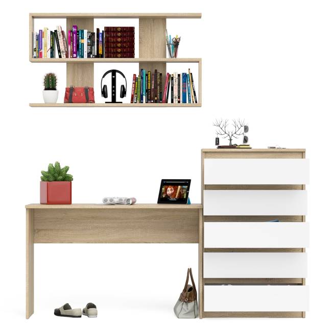 Комод высокий Мори пять выдвижных ящиков со столом для работы на 1200 и навесной полкой 1200 цвет дуб сонома/белый