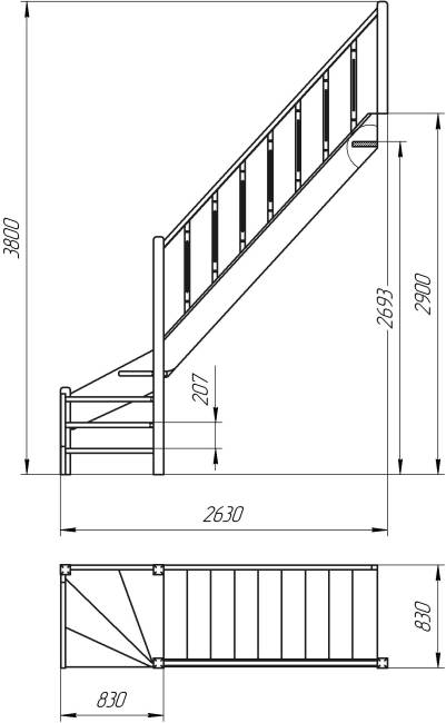 Деревянная межэтажная лестница ЛЕС-07 2693-2900 проем 2550-830, Сосна