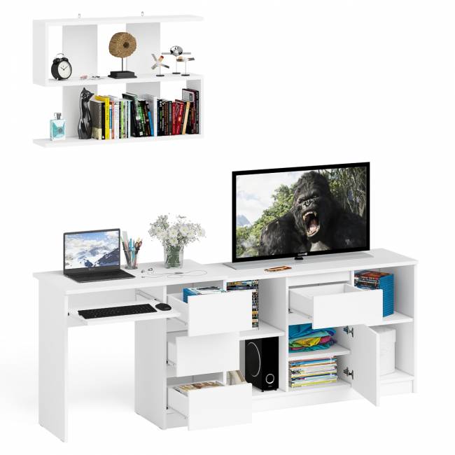 Стол компьютерный три правых выдвижных ящика Мори МС-6 с верхней полкой и тумбой 1204 цвет белый