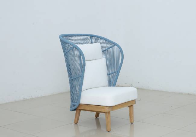 Лаунж-кресло плетеное с высокой спинкой Mali натуральный, синий, белый 791х775х1170 мм