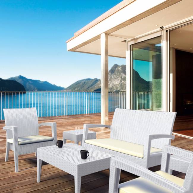 Кресло пластиковое плетеное с подушкой Miami Lounge Armchair белый 720х760х890 мм Кресло пластиковое плетеное с подушкой Miami Lounge Armchair белый 720х760х890 мм